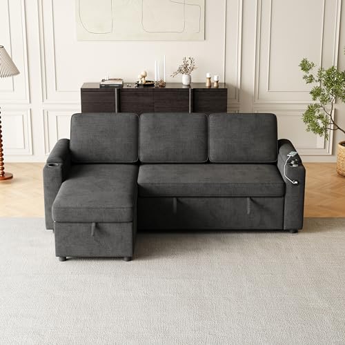 L-Shaped Sofa Couch Bed w/Chaise & Cup Holder, Convertible Sleeper Combo Sofa w/Pull Out Bed & Storage Space, 3 in 1 Fabric Pull Out Couch for Living Room, Dark Grey