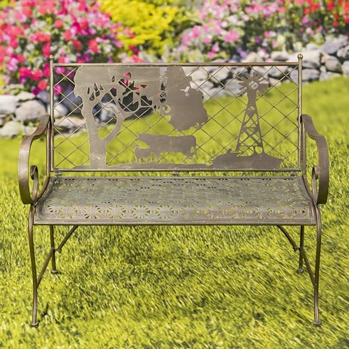 Classic Iron Garden Bench with Nature Scenery (Blooming Tree Backrest in Green)