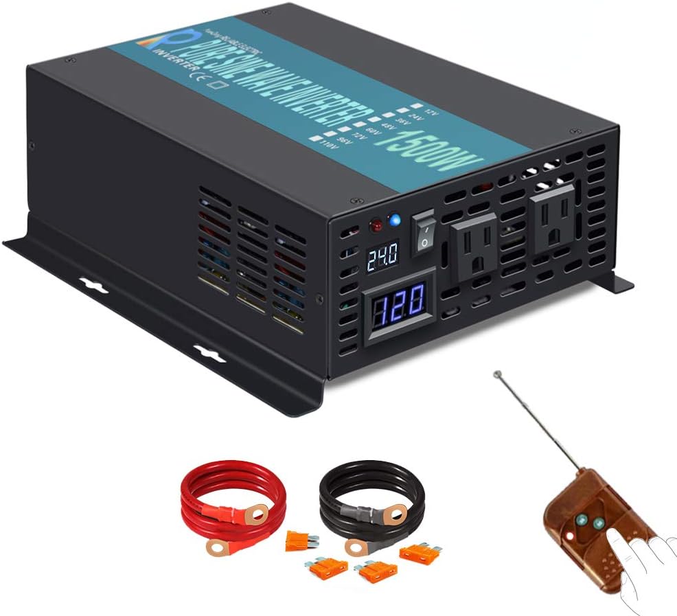 Reliable Pure Sine Wave Power Inverter 1500Watt 24V DC to 110V 120V with Remote Control Dual AC Outlets for CPAP RV Car Off Grid System