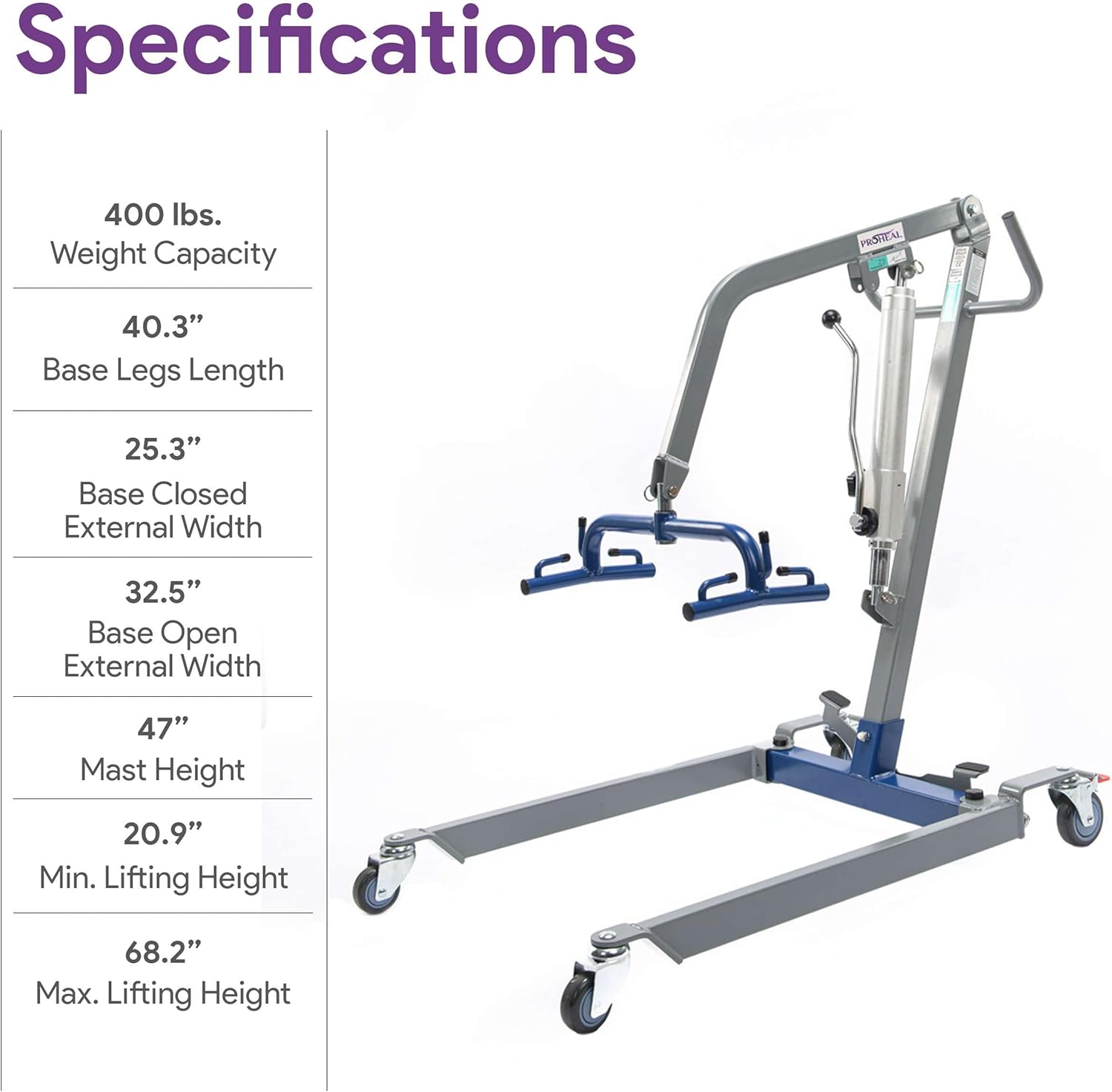 Hydraulic Patient Lift for Home Use - 400 lb Weight Capacity with 6 Point Spreader - Manual Full Body Lifter for Handicapped, Senior, and Immobile Patients
