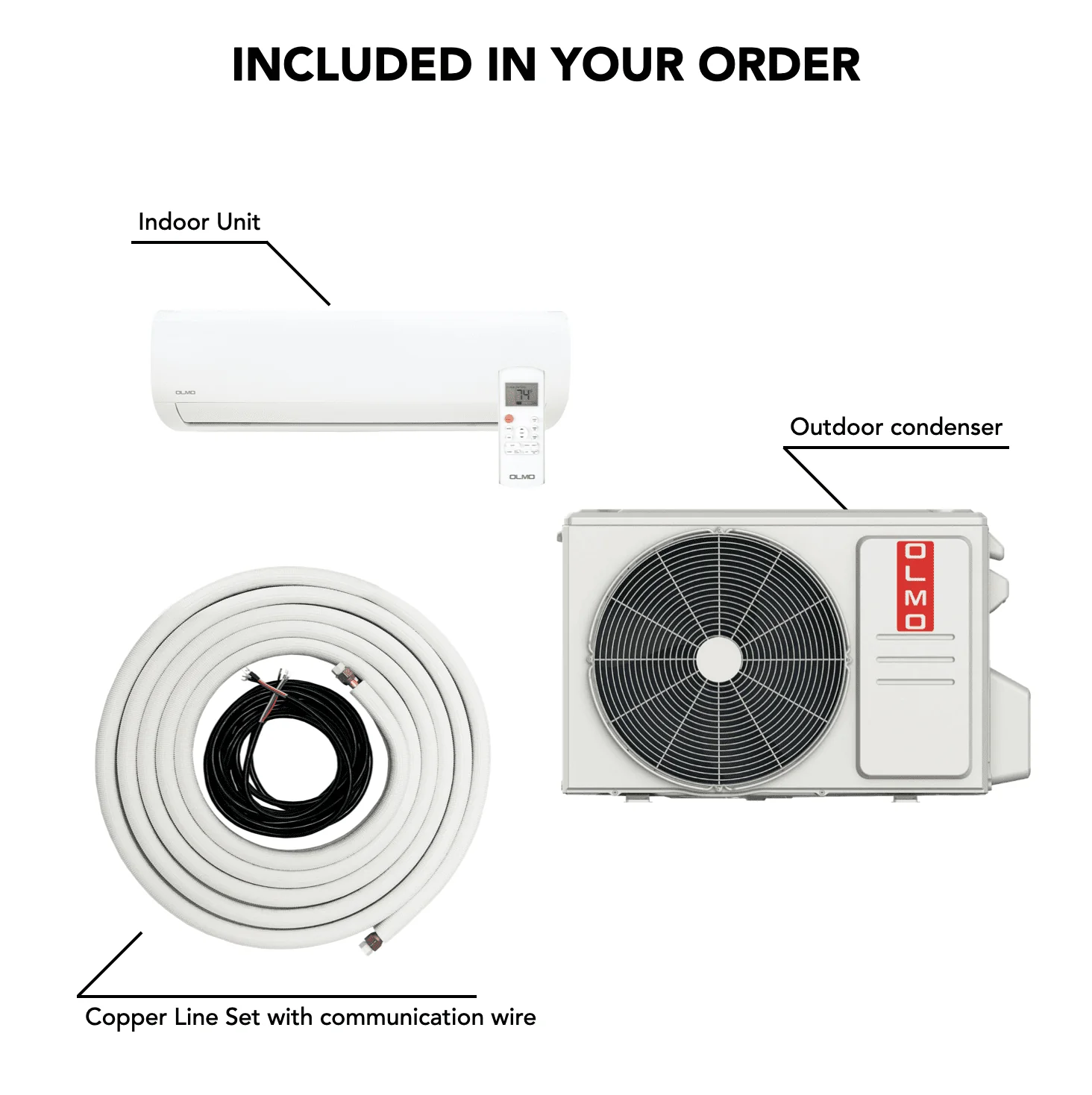 OLMO 9000 BTU 115V Wall Mounted Mini Split Heat Pump Air Conditioner With 16ft Kit Cover 400 Sq Ft