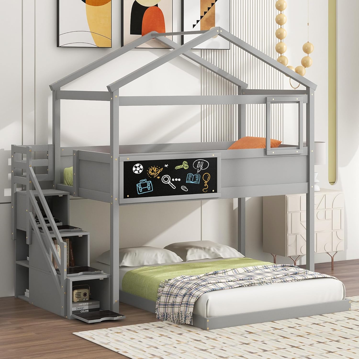L-Shaped Twin Over Full House Bunk Bed with Storage Stairs and Blackboard, Wood Playhouse Bunk Beds with Roof and Guardrails for Kids Boys Girls Teens, Gray