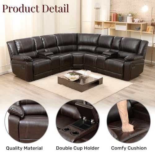 Manual Reclining Sectional Sofa with Double Recliners Leather L-Shaped Reclining Sectional Couch Recliner Sofa with Chaise,5 Seater for Living Room