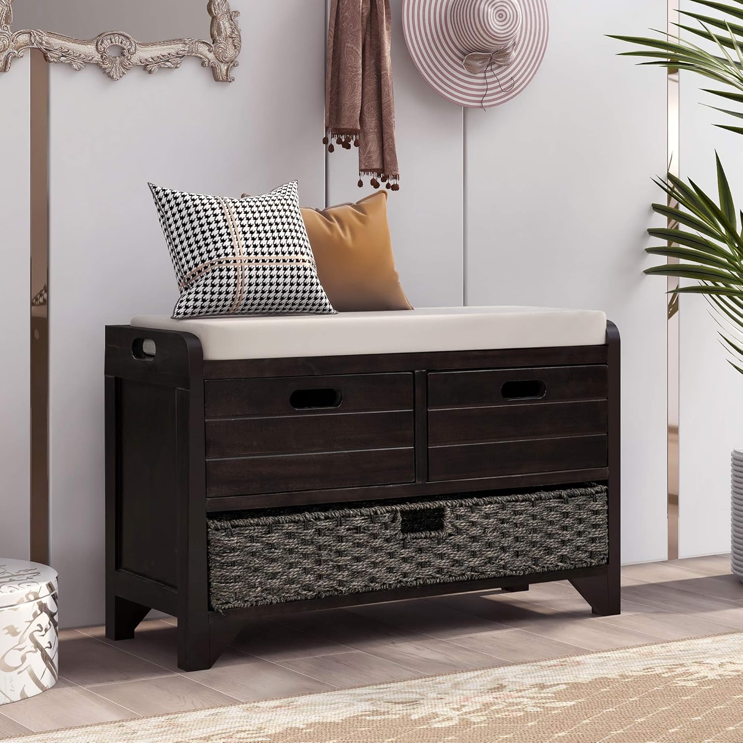 Wood Storage Bench with 1 Basket and 2 Drawers,Fully Assembled Shoe Stool,W/Removable Cushion,for Hallway,Entryway,Bedroom,Living Room,Espresso