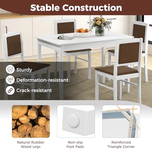 GOFLAME 5-Piece Dining Table Set for 4, Rectangular Kitchen Table & 4 Chairs with Solid Wood Legs, Padded Seat & Backrest, Upholstered Dinette Set for Dining Room, Breakfast Nook, Restaurant, White