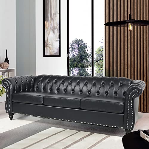 Chesterfield Sofa Leather, 84" Upholstered Tufted Couch 3 Seater with Rolled Arms and Nailhead for Living Room, Bedroom (Dark Brown)