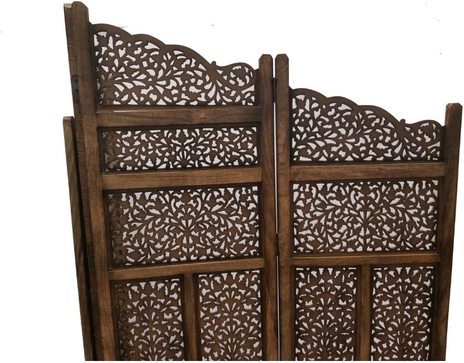 Benjara BM01875 Hand Carved Foldable 4-Panel Wooden Partition Screen/Room Divider, Brown