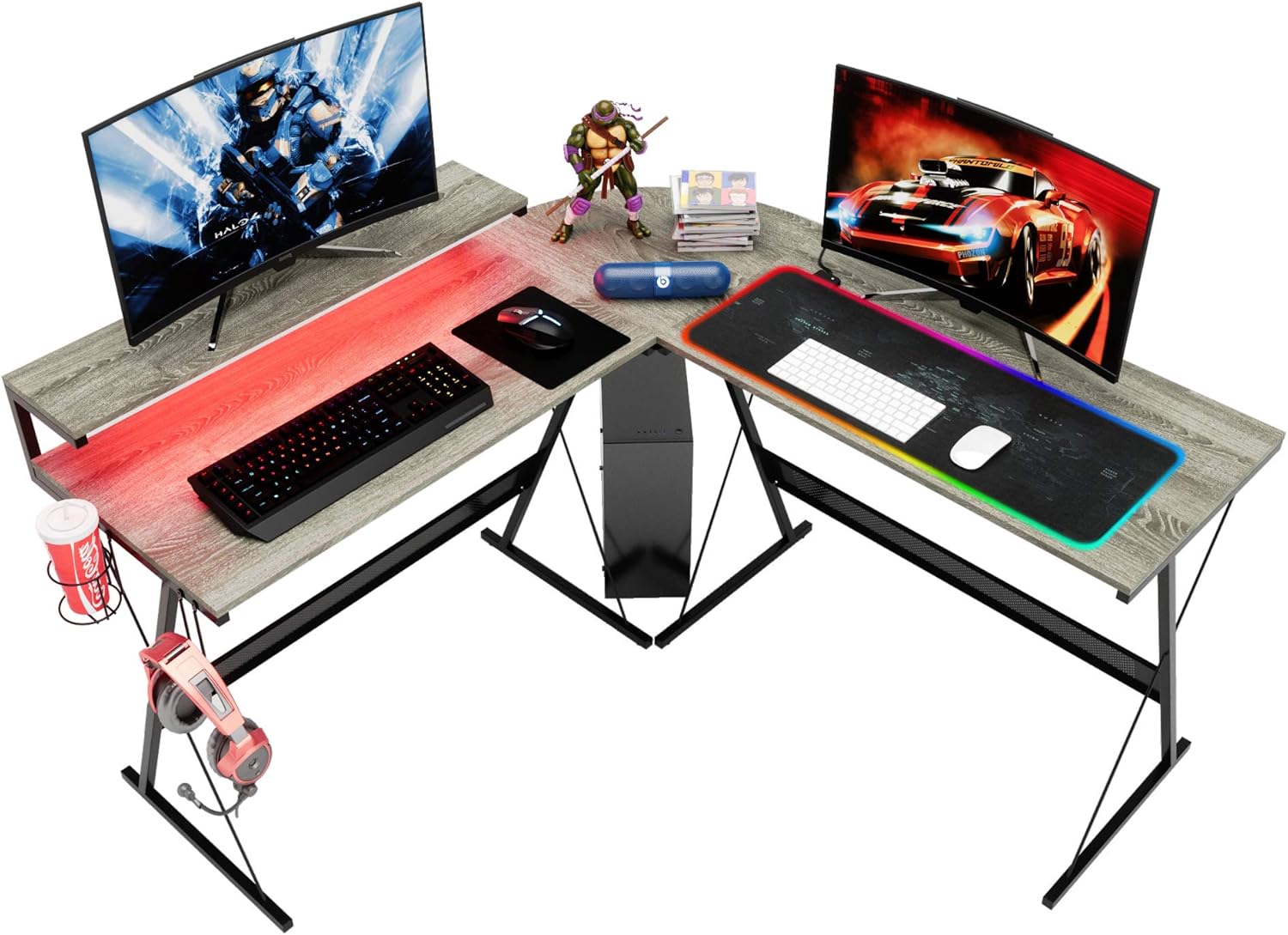 Bestier 55 inch L-Shaped RGB Gaming Computer Desk,Led Strip Light Modern Corner PC Laptop Desk Study Table Workstation Home Office Desk with Large Elevated Ergonomic Shelf Carbon Black