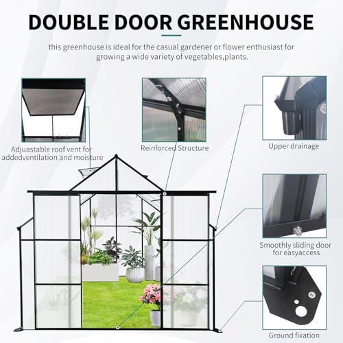 8x10FT Heavy-Duty Walk-in Greenhouse with Double Sliding Doors, Polycarbonate Panels, & Aluminum Frame, All-Season Outdoor Greenhouse with Adjustable Roof, Black