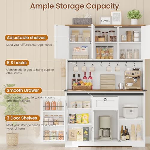Kitchen Pantry Cabinet, Farmhouse Kitchen Cabinet with Drawer, Sliding Barn Doors Storage Cabinets with Adjustable Shelves for Dining Room, White