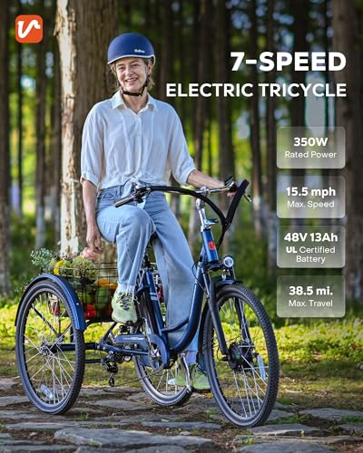 Viribus Electric Trike for Adults, 7 Speed Electric Tricycle for Adults with 48V 13Ah Battery, Front Suspension, 350W Motor, 3 Wheel Electric Bikes for Adults 24 26 inch Dual Chain, E Trike, Etrike