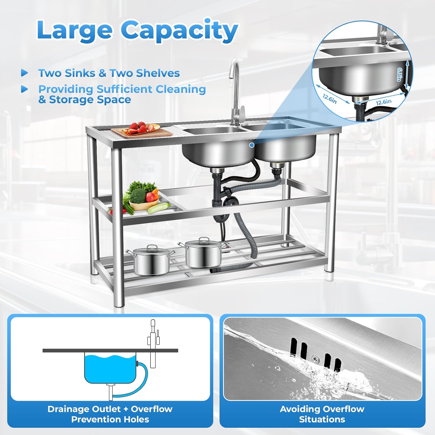 Commercial Stainless Steel Sink Free Standing Utility Sink 2 Compartment Commercial Restaurant Kitchen Sink w/Workbench Outdoor Utility Sink for Garage Restaurant Kitchen 47.2x17.5x31.5in