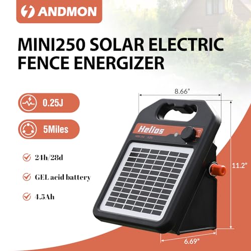 MINI250 15 Miles Solar Electric Fence Charger, 0.25 Joule Solar Fence Charger for Livestock, Pigs, Horses, Cattle Sheep, Solar Powered Electric Fence with Day or Night Mode, Easy Installation