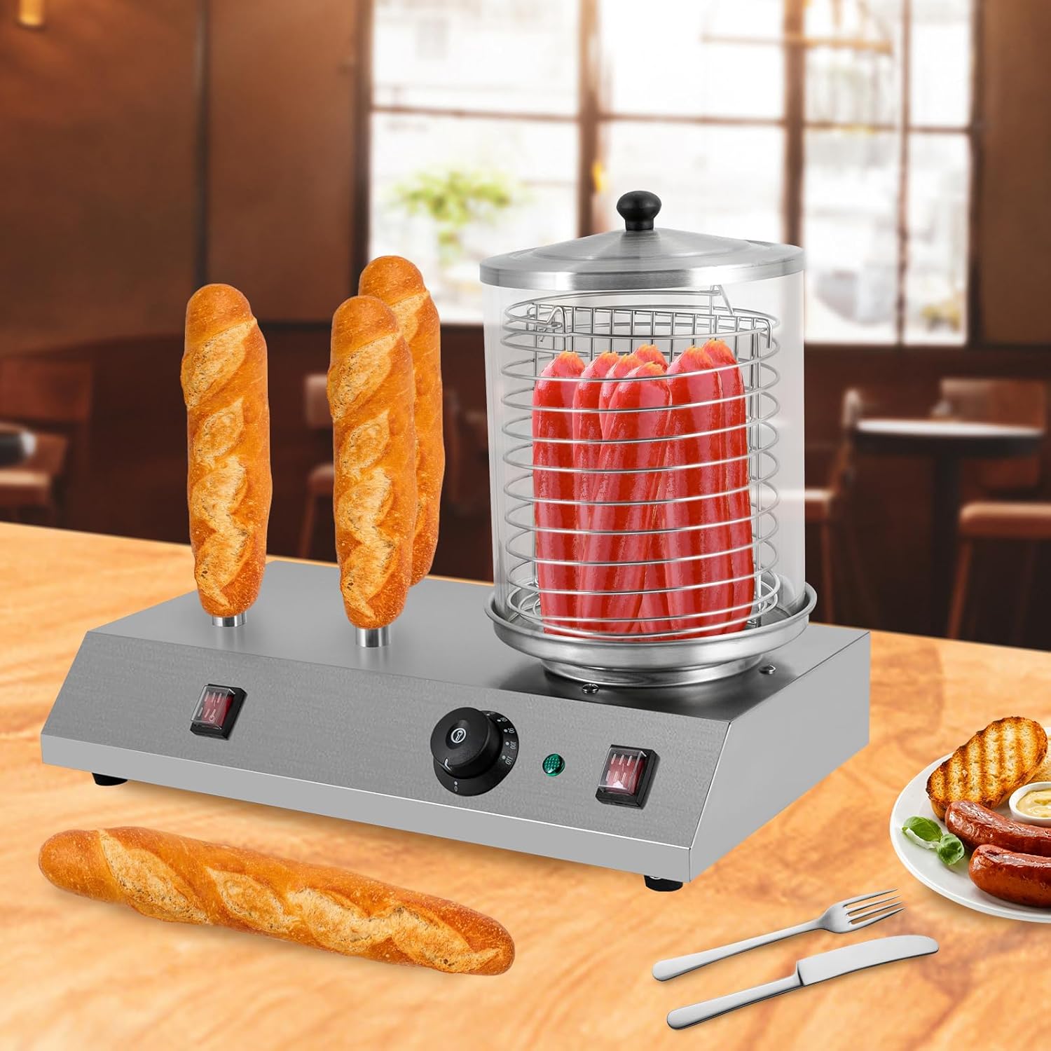Electric Hot Dog Steamer & Bun Warmer Steamer Stainless Steel Portable Commercial Hot Dog Machine with Bun Warmer for Hot Dogs Sausages 86-230℉ 19.72x10.94x14.57in