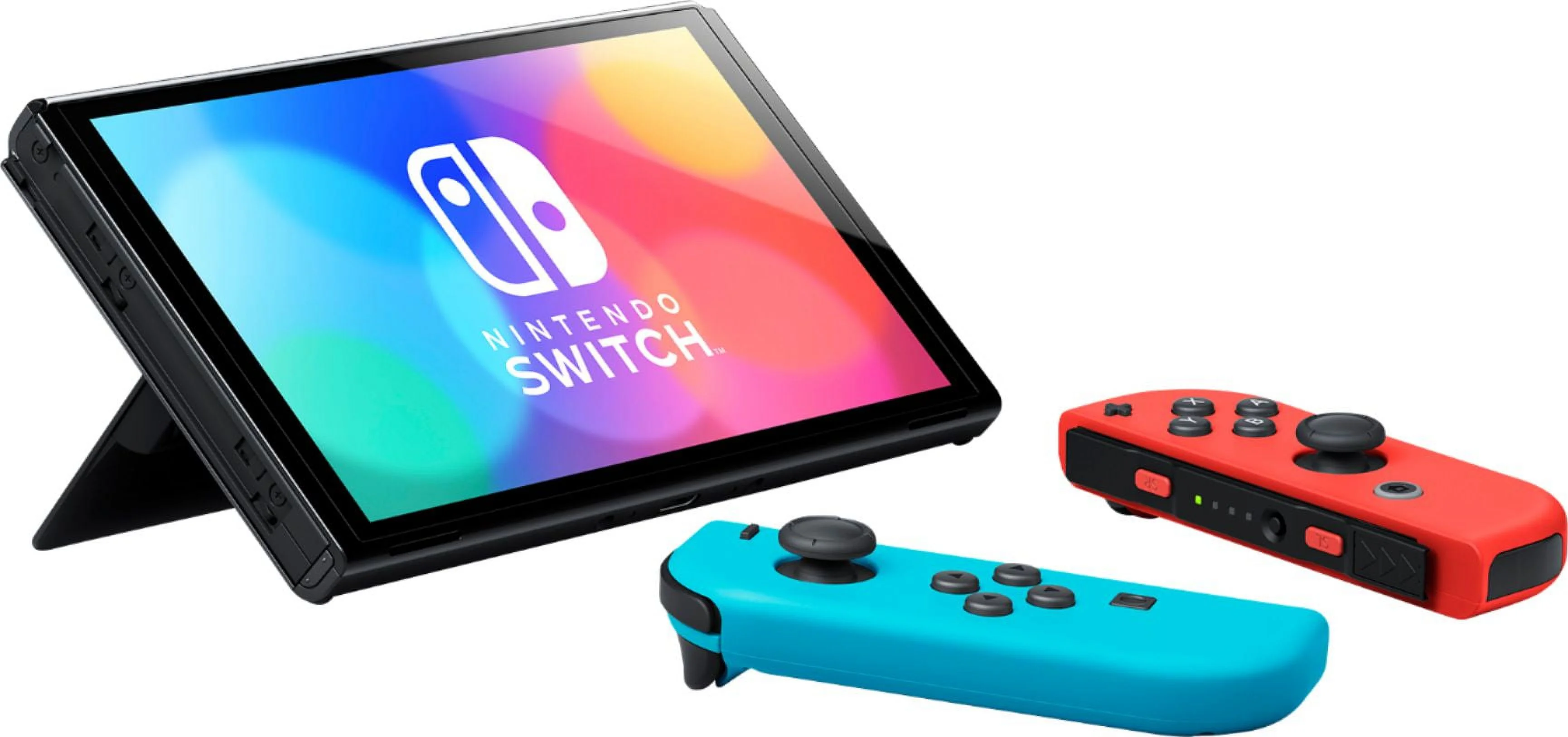Nintendo Switch OLED Model Neon Red and Blue Joy Con 64GB Console HD Screen and LAN-Port Dock with Luigi's Mansion 3 and Mytrix Accessories 2021 New
