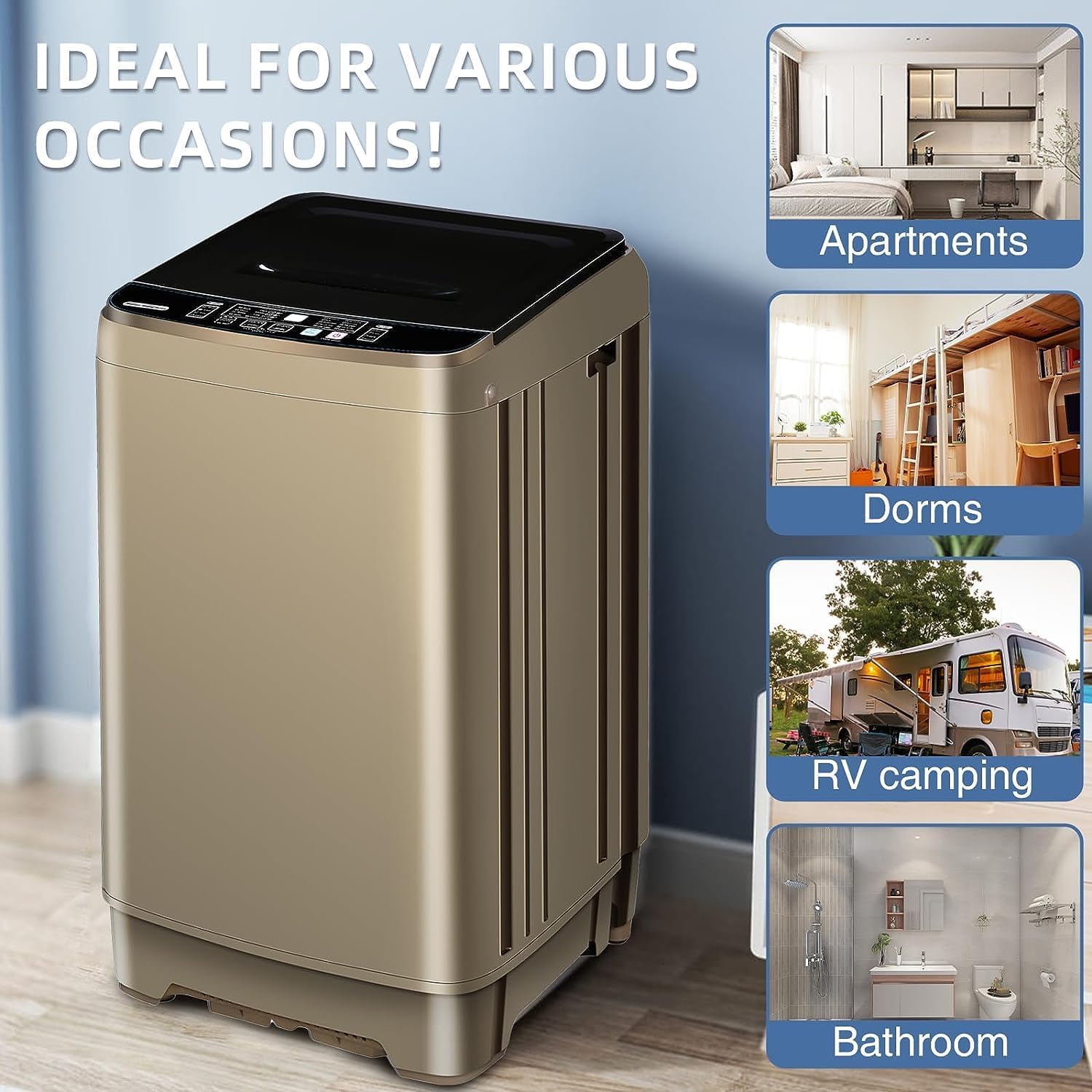 Full Automatic Washing Machine with LED Display, 10 Programs & 8 Water Levels Selections, 15.6Lbs for Home, RV, Camping, Apartment, Dorm - Gold