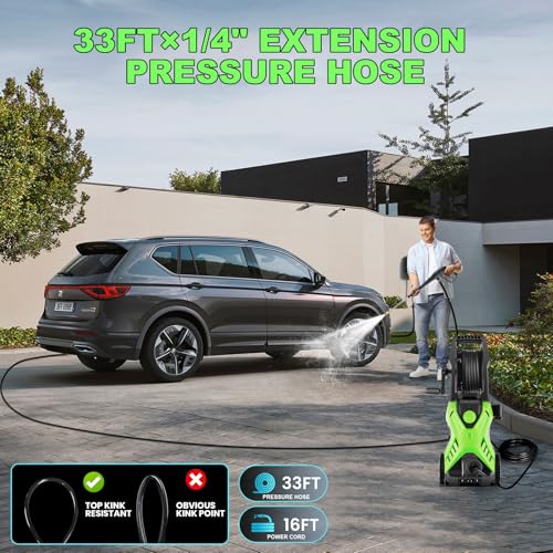5000 PSI Adjustable Pressure Washer 2.8GPM Electric Power Washer with 33ft Pressure hose, 4 Nozzle and Foam Cannon, Powerwashers for home, Cars, Pressure Setting Range (2500PSI-4500PSI)Green