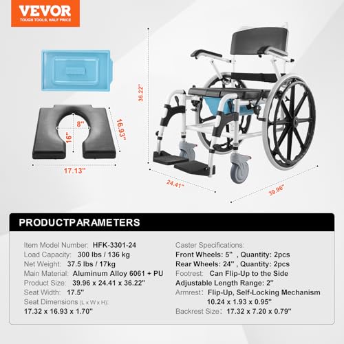VEVOR Shower Wheelchair, 17.5in Width Aluminum Alloy Bathroom Wheelchair for Inside Shower, Adjustable Rolling Shower Chair w/Brake for Disabled Adult, 300 lbs Capacity Shower Transport Chair