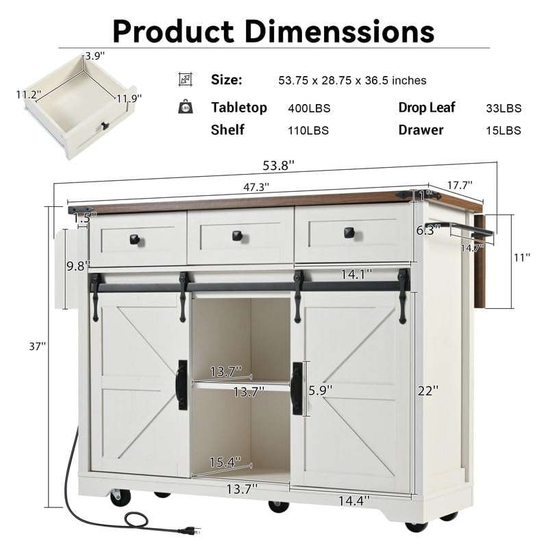 53.7" Farmhouse Kitchen Island with Power Outlet, 2 Sliding Barn Door Kitchen Storage Island with Drop Leaf, Spice Rack Rolling Kitchen Cart on Wheels, for Home, Kitchen and Dining Room, Black
