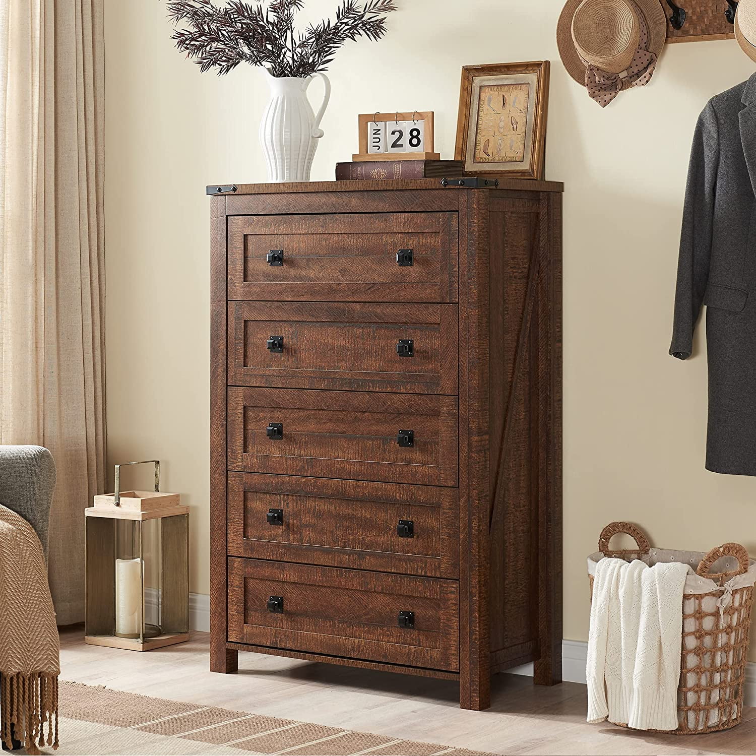 Farmhouse 5 Drawers Dresser Chests for Bedroom  Wood Rustic Tall Chset of Drawers Dressers Organizer for Bedroom  Living Room Hallway  Reclaimed Barnwood