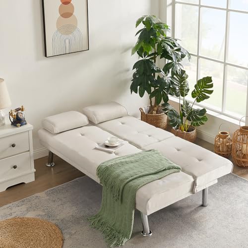 Futon Sofa Bed, 3 People Guest Bed, Modern Convertible Folding Futon Sofa Bed with Removable Armrests, Futon Couch Recliner Lounge with 2 Cup Holders for Living Room, Apartments, Dormitories, Office