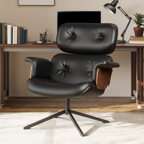 Mid Century Recliner Swivel Chair with Ottoman, Ergonomic Armchair with Comfy Cushion, Walnut Wood Base, PU Leather, Heavy Duty Support for Living Room, Black