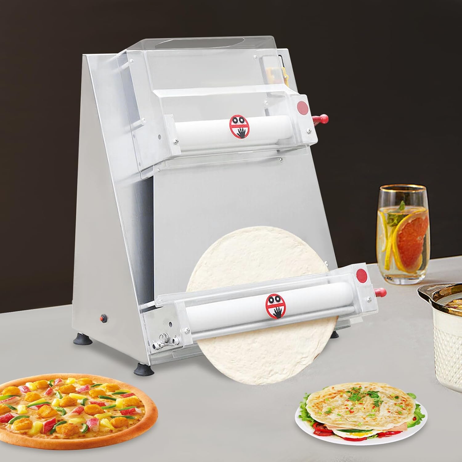Commercial Dough Roller Sheeter, Automatic 370W Electric Pizza Dough Roller, Stainless Steel Adjustable Thickness Dough Machine, 5s Fast Production, for Pasta Maker Equipment