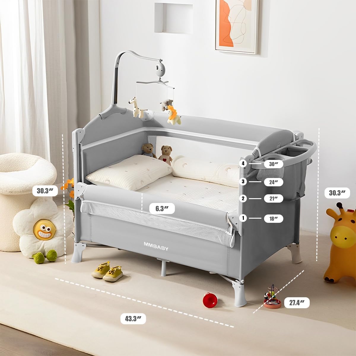5-in-1 Playpen Portable Crib for Baby,Multifunction Bedside Crib from Newborn to Toddlers,U-Shaped Diaper Changer,Carry Bag,Music Mobile Baby Bassinet