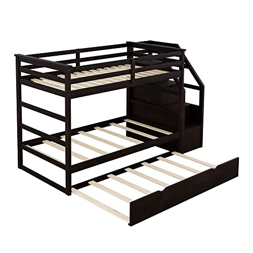 Twin-Over-Twin Bunk Bed with Trundle,Bunk Beds with Storage Stairs,Wood Bunk Bedframe for Kids, Teens, Adults, No Box Spring Needed(White)