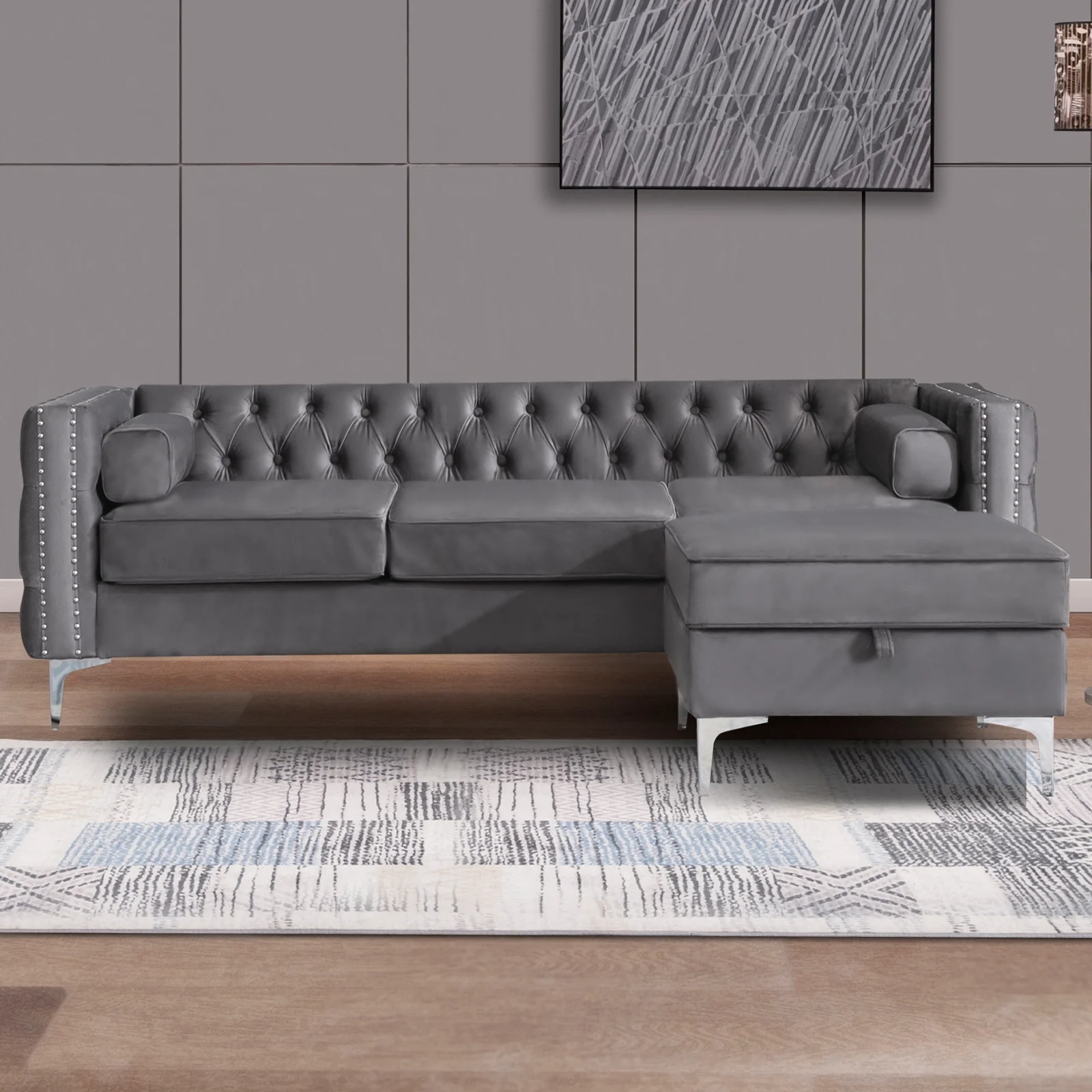 ijuicy Sectional Sofa with Storage Ottoman, L-Shaped Sofa with Velvet Upholstered and Back Cushions, 3-Seat Sectional Couch Button Tufted & Nailhead Trim Design, Living Room Furniture Set- Grey