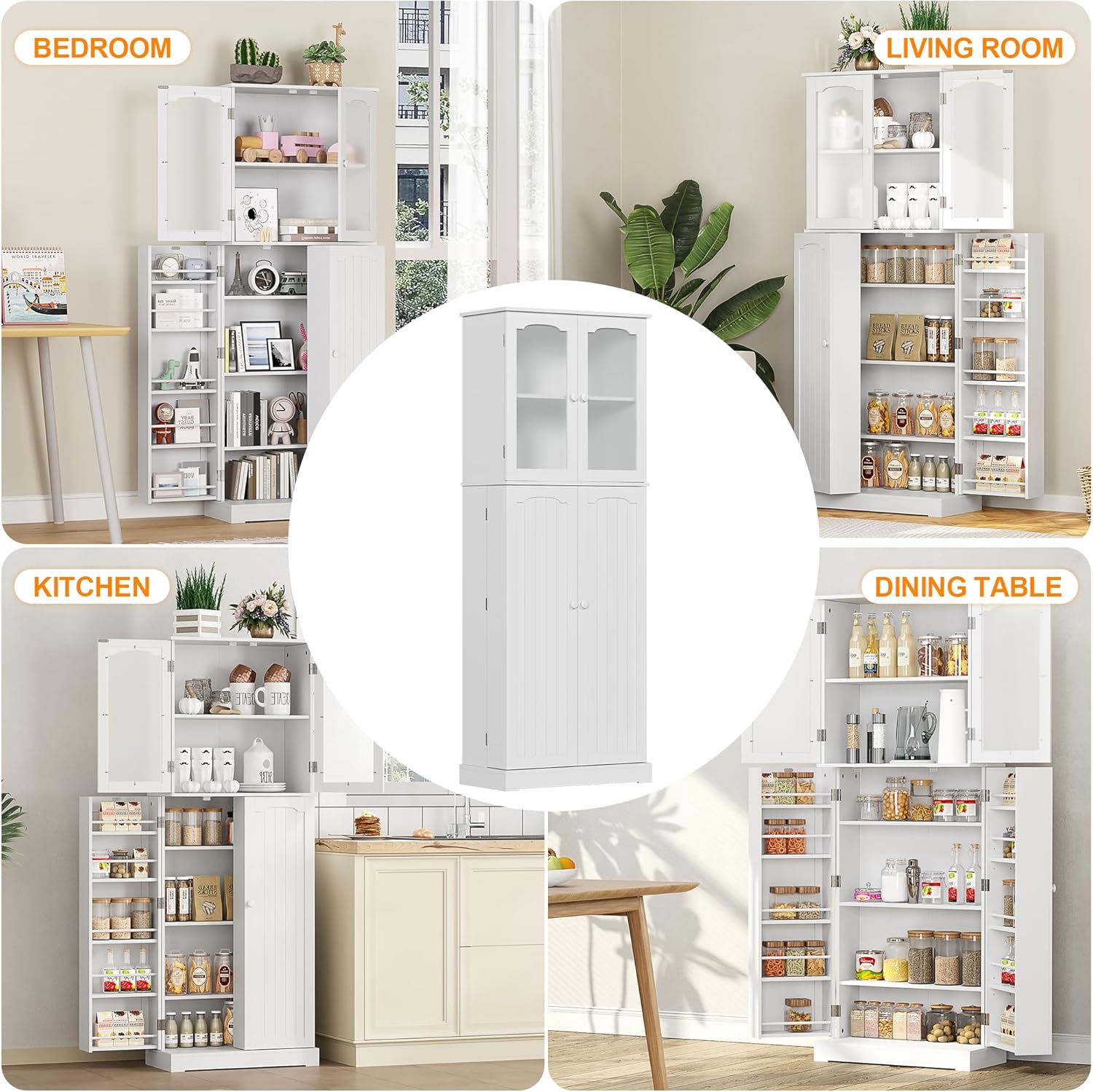 HOME BI 64" Kitchen Pantry Cabinet, Tall Freestanding Pantry with Glass Doors,Wooden Food Pantry Storage cabinet for Home Kitchen, Dining Room, Living Room(White, 23.62W x 11.81D x 63.58H)