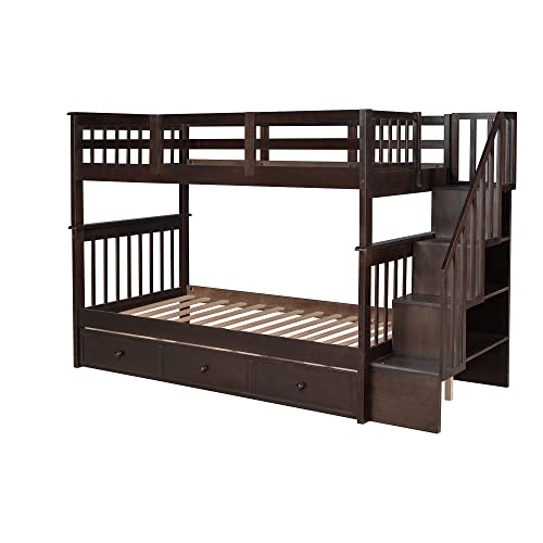 Harper & Bright Designs Twin Over Full Bunk Beds with Stairs and Storage Drawers Wood Bunk Bed Frame with Staircase for Kids Boys Girls Teens, White