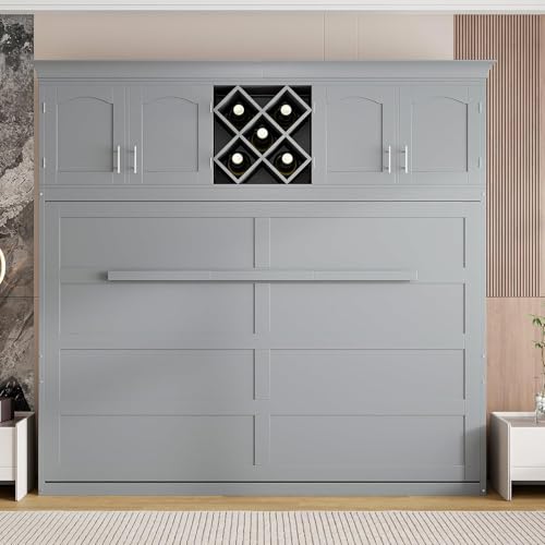 MERITLINE Queen Horizontal Murphy Bed Cabinet with Storage Bookcase Shelves and Charging Station,Wood Folding Grey Murphy Wall Bed for Adult