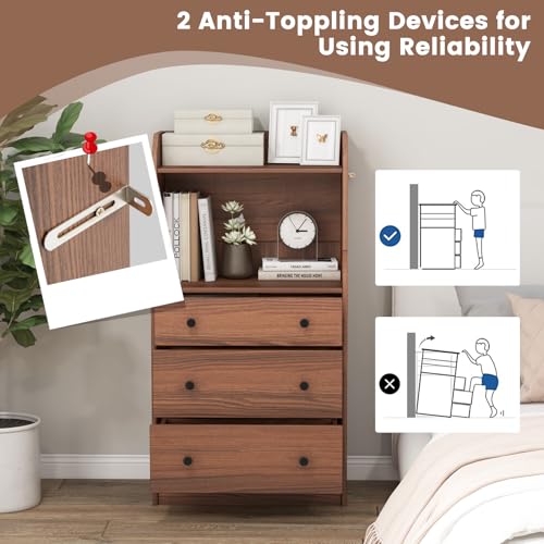 LOKO 3 Drawers Dresser with Shelves, Tall Nightstand with 2 Open Shelves, Modern Chest of Drawers with Anti-Toppling Device, Utility Storage Dresser for Living room, Bedroom, Closet, Entryway (Walnut)