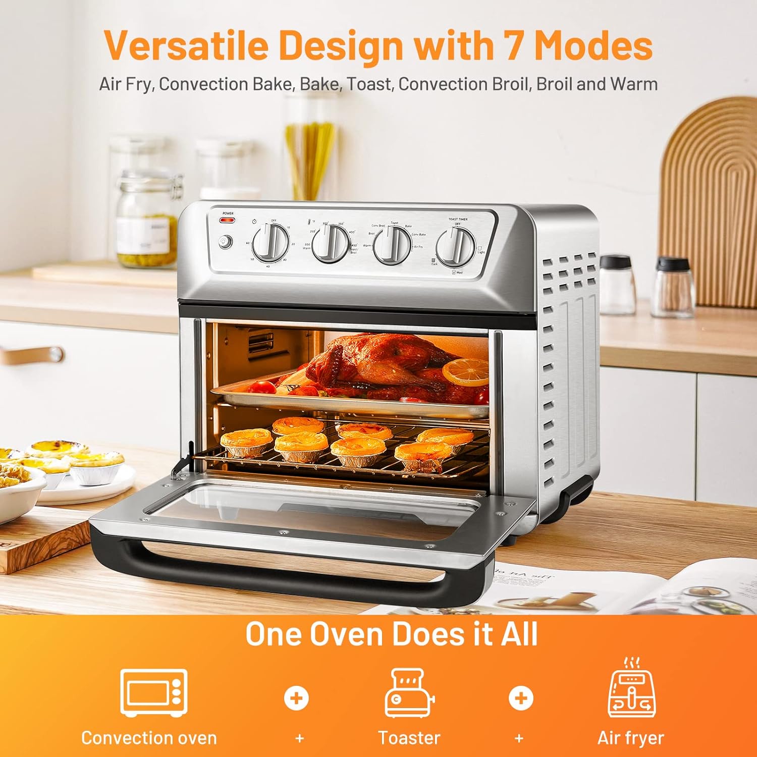 21.5 QT Air Fryer Toaster Oven, 7-in-1 Air Fryer Oven Combo w/Timer, Auto Shut-off, Accessories Recipe, Stainless Steel Convection Countertop Oven for Bake, Broil, Toast, Reheat, Fry