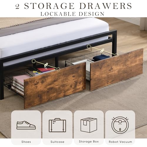 Full Size Bed Frames with 2-tier Shelves Headboard, Storage Drawers & LED Lights, LED Bed Frame w/USB Ports & Outlets, Platform Bed Metal Slats Mattress Foundation No Box Spring Needed