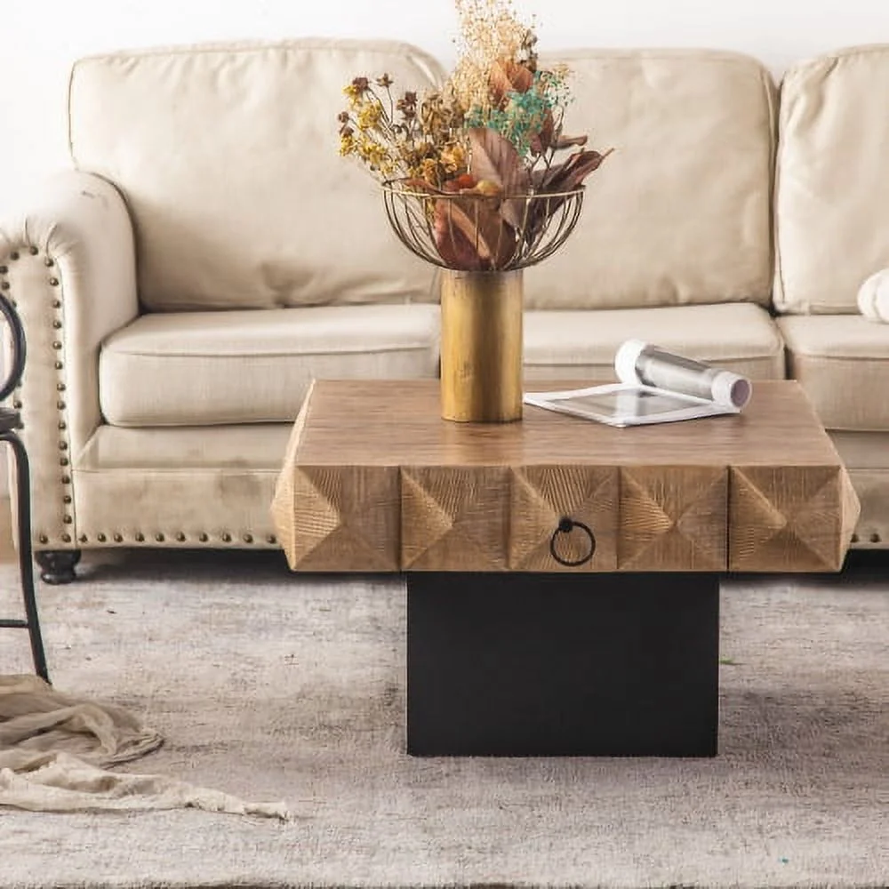 Motent 32.28"Three-dimensional Embossed Pattern Square Retro Coffee Table with 2 Drawers and MDF Base