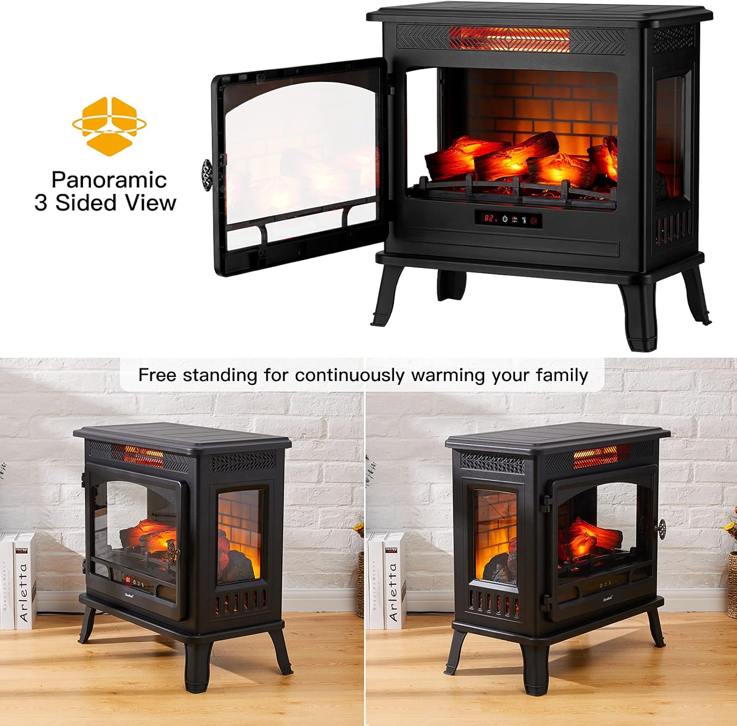 Electric Fireplace Infrared Heater, 24" Freestanding Portable Stove Heater with 3D Realistic Flame, Overheating Safety Protection with Remote Control and Timer, 1500W