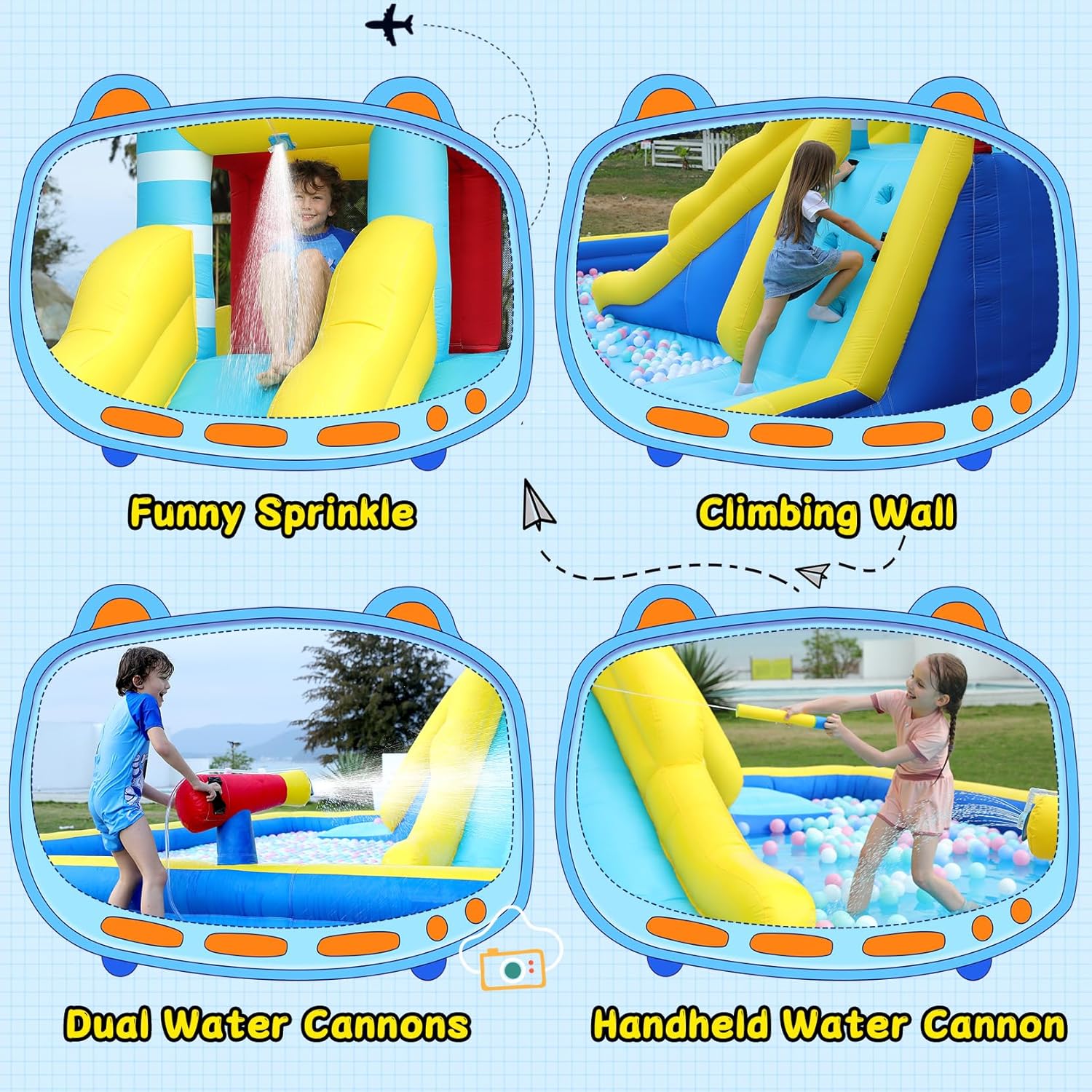ELEMARA Extra Large Inflatable Water Slide Bounce House, Kids Water Park with Double-Layer Large Splashing Pool,3 Extra-Long Slides, Climbing Wall, 2 Water Cannons, Water Spraying, 750W Air Blower