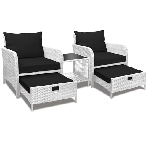 LEVELEVE Balcony Furniture 5 Piece Patio Conversation Set, PE Wicker Rattan Outdoor Lounge Chairs with Soft Cushions 2 Ottoman&Glass Table for Porch, Lawn-Brown Wicker