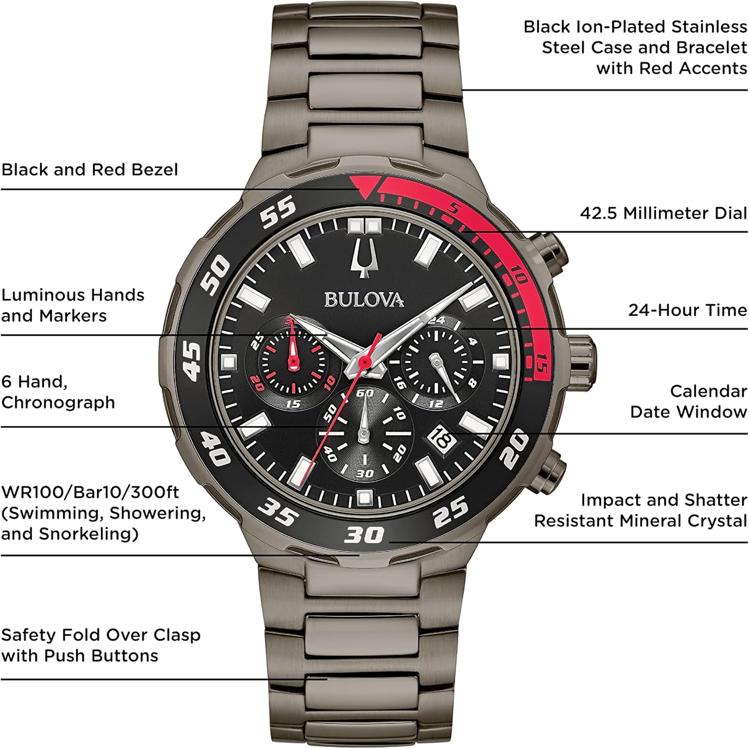 Bulova Men's Classic Sport Black Ion Plated Stainless Steel 6 Hand Chronograph Quartz Watch : 98B365