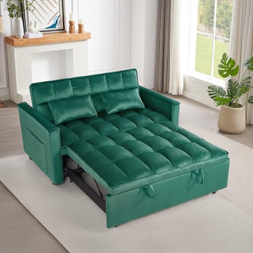 3 in 1 Convertible Sleeper Sofa Bed,Futon Loveseat Couch with Pull-Out Bed & Adjustable Backrest,Velvet Fabric Sofa with Side Pocket for Small Apartment, Living Room, Office (Black)