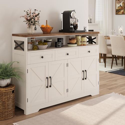 51" L Modern Farmhouse Sideboard Buffet Cabinet, White Storage Cabinet with Drawers & Shelves, Kitchen Pantry Hutch Cabinet, Coffee Bar Station Table for Living Room, Dining Room, Entryway