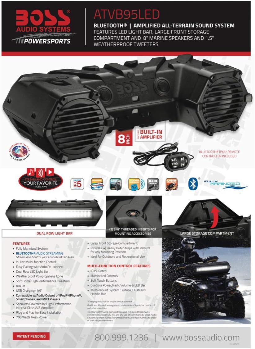 BOSS Audio Systems ATVB95LED UTV ATV Speakers - Weatherproof, ATV Soundbar, 8 Inch Speakers, 1.5 Inch Tweeters, Amplified, Wired Remote for Bluetooth Connectivity, LED Light Bar, Storage Compartment