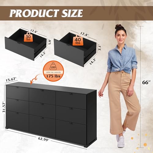 WLIVE Wood Dresser with 5 Drawers, Black Wooden Storage Cabinet, Organizer Drawers for Bedroom, Living Room, Hallway, Measuring 15.75" W * 31.50" D * 45.35" H ﻿
