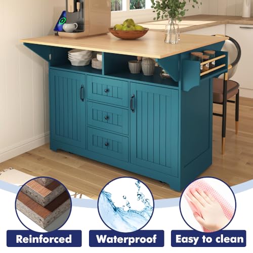 Rolling Kitchen Island with 2 Drop Leaf and Power Outlet, Island Table on Wheels with Towel Rack and Spice Rack, Kitchen Cart with Storage Cabinet and Drawers (White)