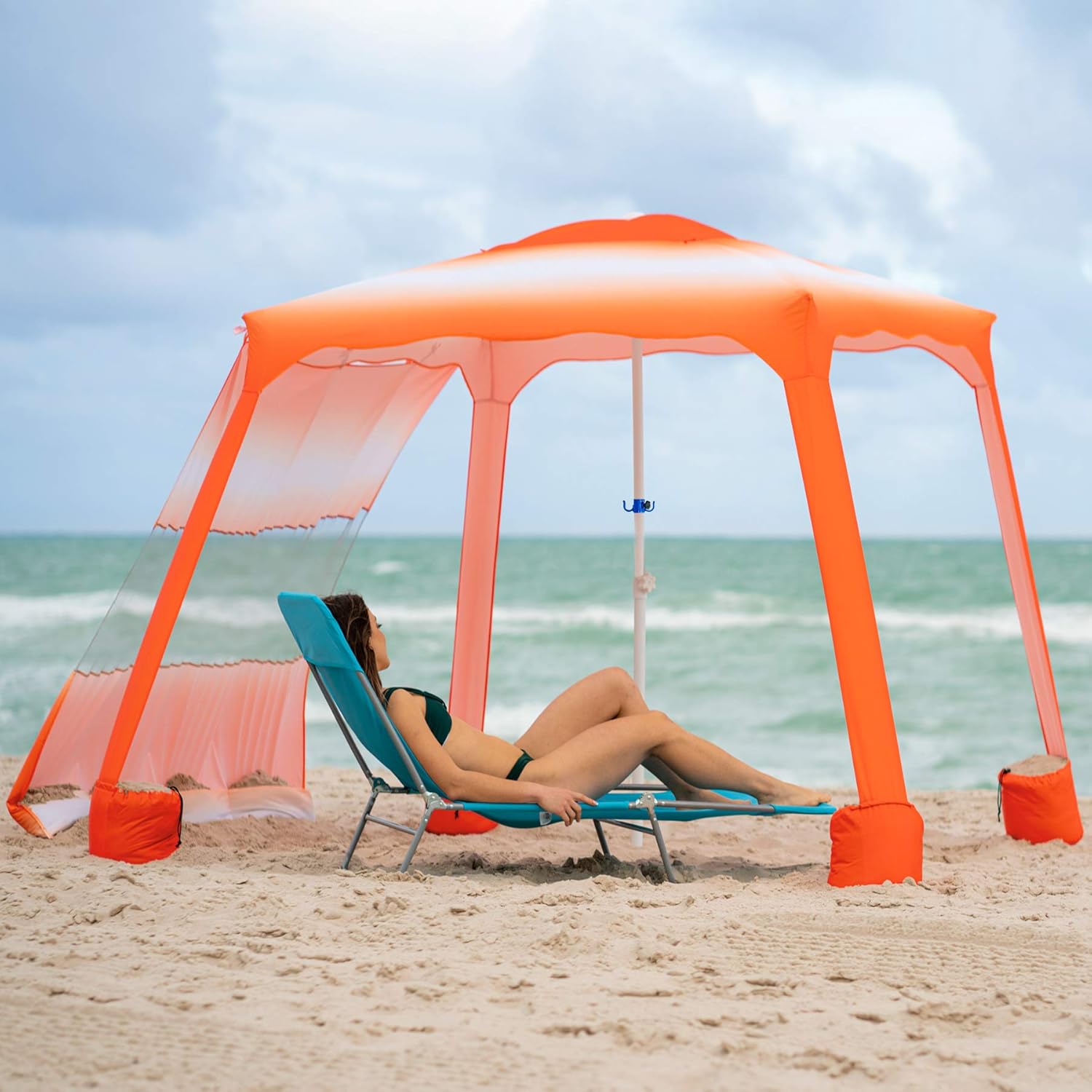 AMMSUN Beach Cabana，6' × 6' Beach Umbrella or Canopy，Easy Set up and Take Down Large Shade Area Outdoor Sun Umrella with Sand Pockets, Instant Sun Shelter with Privacy Sunwall - Sky Blue