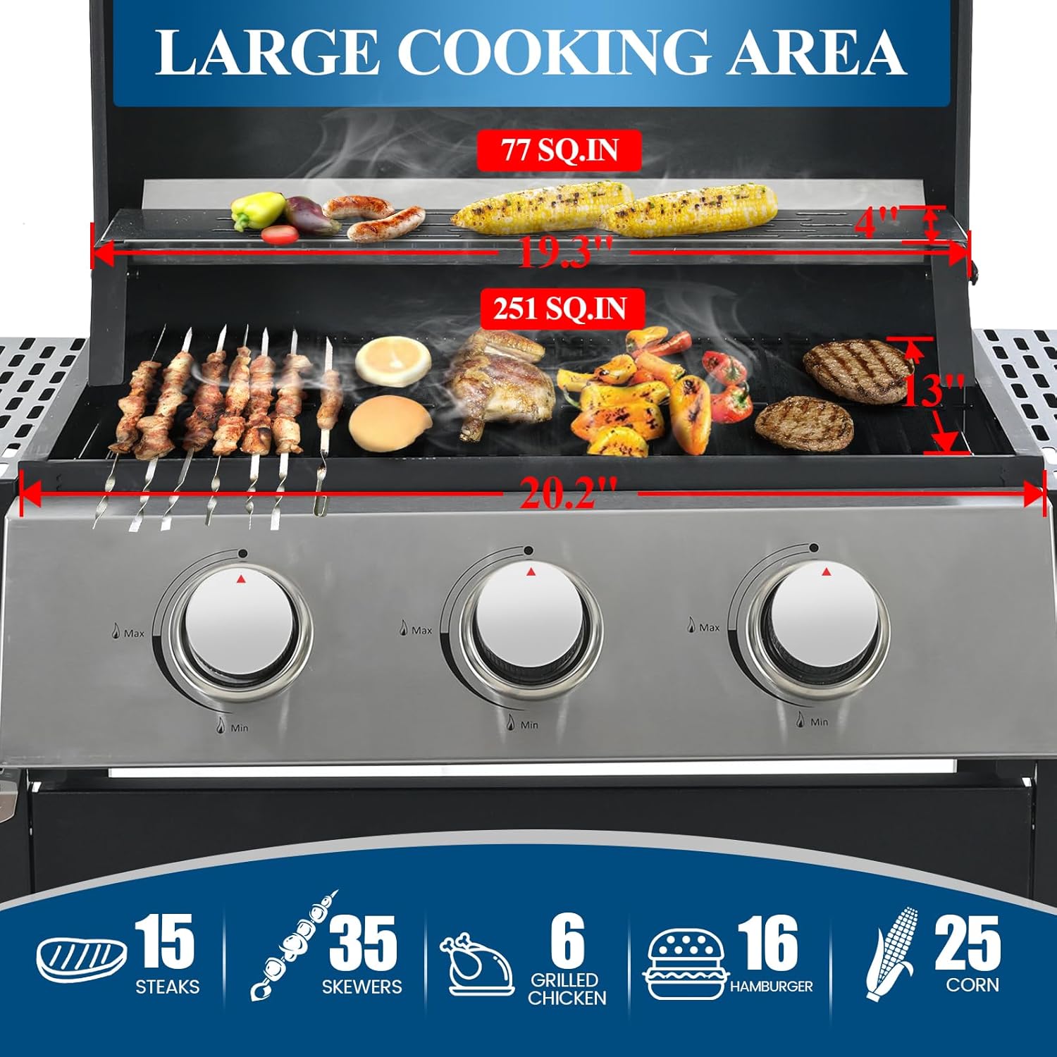 Gas Grill with 2 Side Shelves, Outdoor Patio 3 Burner Propane BBQ Grill with 2 Wheels, Lid and Bottle Opener, 30,000 BTU Stainless Steel Grill for Camping RV Backyard Barbecue Picnic, Black