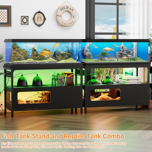 55-75 Gallon Fish Tank Stand with LED Light, Aquarium Stand with Outlet and Storage, 49.2" Reptile Terrarium Tank with Lockable Door, Observable Screen and Top Ventilation Mesh, Gray Oak