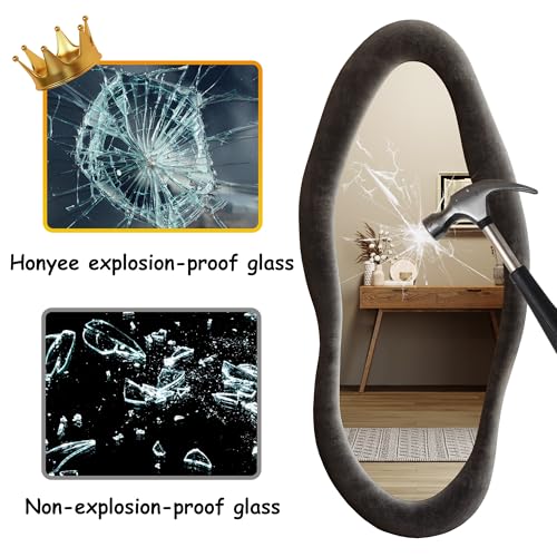 Honyee Full Length Mirror, 63" x 24" Wall Mirror, Flannel Wrapped Wooden Frame Floor Mirror, Irregular Wavy Mirror Hanging or Leaning Against Wall for Cloakroom/Bedroom/Living Room, Milk Tea